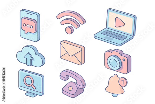 Modern digital technology icons set featuring communication, social media, cloud upload, video play, photography, search, phone and notifications in soft pastel isometric style vector illustration