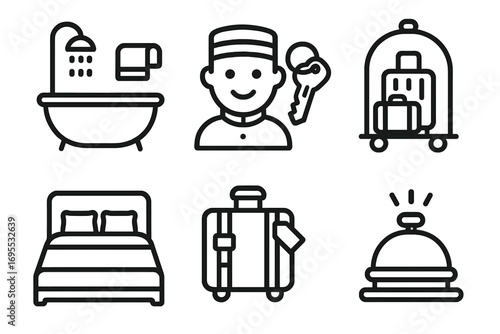 Modern hotel service icons set with amenities, hospitality, travel, concierge, luggage, bed, bell, key, shower, minimalist design, black outline vector illustration