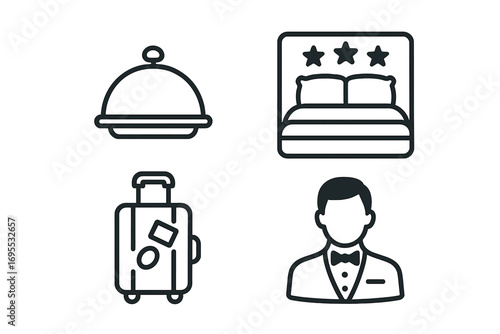 Modern hotel service icons set including amenities, hospitality, travel, concierge, minimalist design, suitcase, room service, luxury bed with stars, and professional butler vector illustration