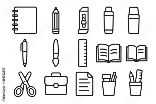 Outline icons of stationery supplies for education and office use, vector cartoon illustration set of school and office tools with transparent background, pencil, scissors, notebook, brush
