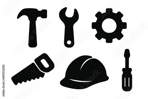Silhouette icons of construction tools including hammer, wrench, gear, saw, safety helmet, screwdriver. Vector cartoon illustration, ordered set, transparent background, industrial repair equipment
