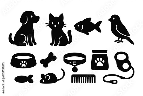 Pet care icons silhouette set with dog, cat, fish, bird and accessories including collar, bone, food bowl, comb, leash, mouse toy, and treat bag, cartoon vector illustration for animal lovers