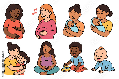 Diverse motherhood & pregnancy icon set. Vector cartoon illustration of expectant mother, newborn baby, child. Concepts: maternity, family life, prenatal care, parenting.