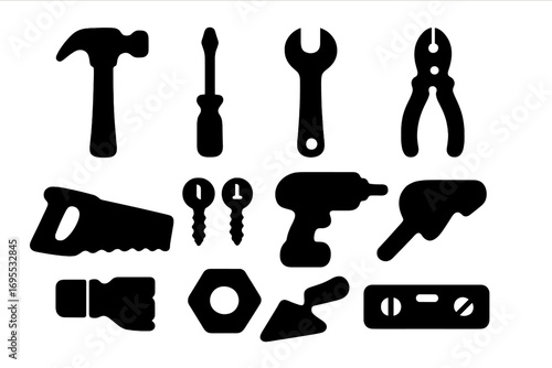 Silhouette icons of essential construction tools and repair equipment set, vector cartoon illustration with transparent background, ordered collection for DIY and handyman projects