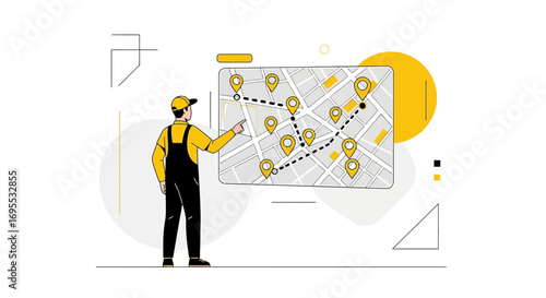Delivery Service Worker Analyzing Route On Map, Navigation And Logistic Concept Illustrated