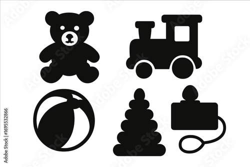 Silhouette icons of classic childhood toys for playful designs. Vector illustration set includes teddy bear, train, ball, and pyramid for baby and kids concepts. Isolated elements.