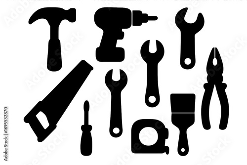 Silhouette icons of essential construction and repair tools set, including hammer, drill, saw, screwdriver, wrench, pliers, tape measure, paintbrush, vector illustration with transparent background