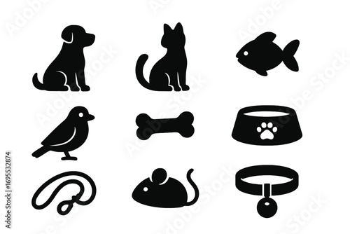 Pet care icons set with dog, cat, fish, bird silhouettes and accessories including bone, bowl, leash, mouse, and collar, vector cartoon illustration ideal for animal lovers and pet products