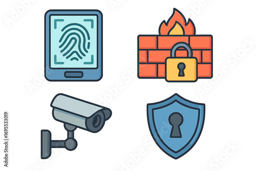 Cybersecurity vector icon set. Fingerprint scan, firewall, surveillance camera, shield. Digital data protection, internet privacy, network security, access control concept.