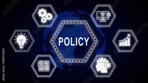 Digital policy concept illustrated with icons and earth globe on a dark blue background