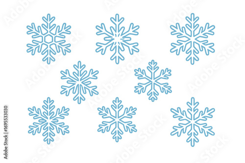 Blue snowflake vector icon set. Isolated collection of various snow flake shapes for Christmas and winter holiday design. Frozen crystal graphic element collection for decoration.