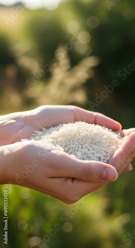 Wallpaper Mural A handful of white rice grains held in cupped hands against a blurred natural backdrop, highlighting the bounty of the harvest. Torontodigital.ca