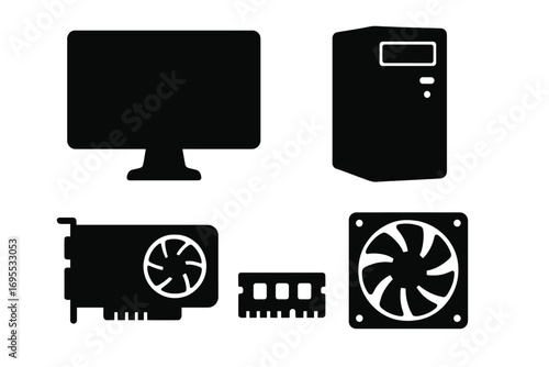 Silhouette computer components set including monitor, tower, graphics card, RAM, and cooling fan vector illustration with transparent background, ordered tech hardware icons