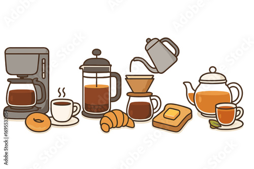 Coffee and tea brewing methods icon set. Vector cartoon illustration of breakfast items. French press, pour over, drip coffee maker, teapot, croissant, toast, and bagel.