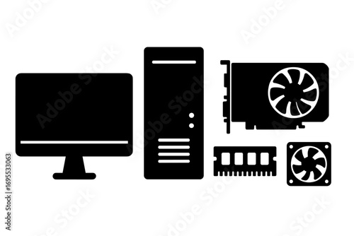 Silhouette computer components set including monitor tower graphics card RAM fan vector illustration technology hardware icons transparent background digital device elements ordered collection