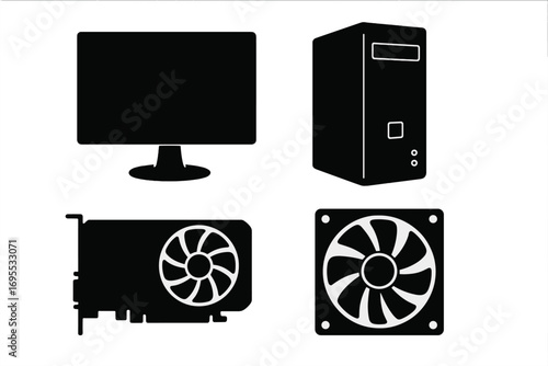 Silhouette computer components set with monitor, tower case, graphics card, RAM, cooling fan, vector cartoon illustration with transparent background, ordered hardware elements