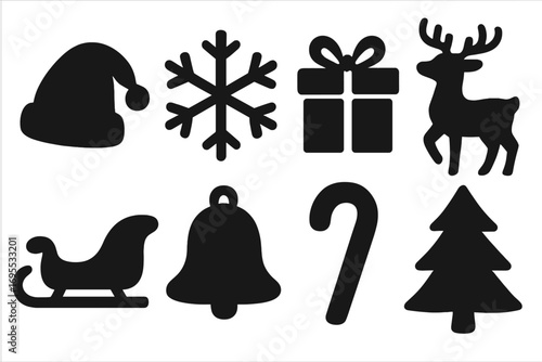 Silhouette Christmas Icons Set Including Santa Hat, Snowflake, Gift Box, Reindeer, Sleigh, Bell, Candy Cane, and Pine Tree Vector Illustrations for Holiday Design