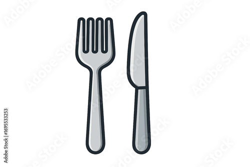 Fork and knife icon. Cutlery symbol for restaurant menu or kitchen design. Flat vector cartoon illustration for dining, food, and meal concepts. Isolated silverware graphic.