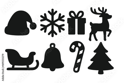 Silhouette icons of Christmas holiday symbols including Santa hat, snowflake, gift box, reindeer, sleigh, bell, candy cane, and Christmas tree vector set with transparent background