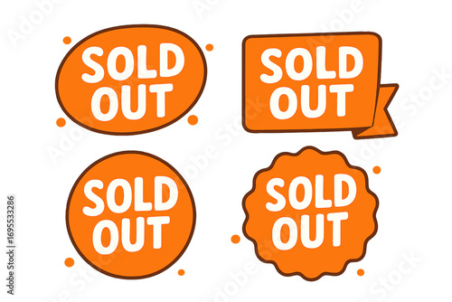 Bright orange sold out badges set, sale stickers collection with bold white text, vector cartoon illustration icons with transparent background, retail shortage labels