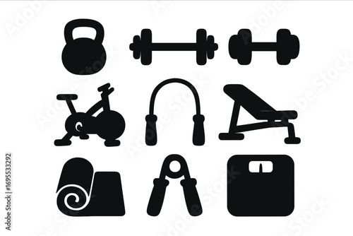 Silhouette fitness equipment icons set including kettlebell, dumbbells, exercise bike, skipping rope, workout bench, yoga mat, hand grip, and scale for gym and home training vector illustration