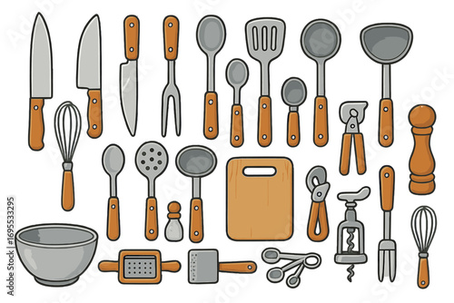 Big set of kitchen utensils for cooking. Flat cartoon vector illustration. Knife, fork, spoon, whisk, ladle, spatula, grater, corkscrew, cutting board. Culinary equipment icons.