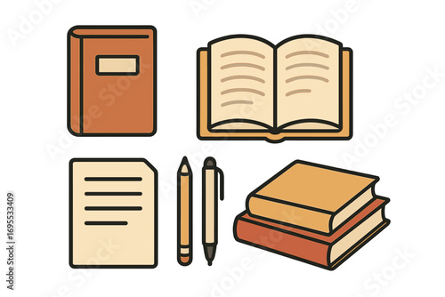 Set of education and writing icons. Book, pen, pencil, paper. School supplies for learning or office work. Minimalist flat vector illustration for literature and knowledge.