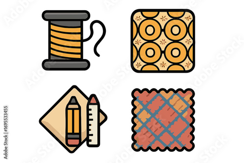 Textile and pattern filled icons set. Solid vector cartoon illustration of fabric motifs and seamless design elements. Craft, sewing, and fashion design concepts.