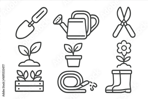 Simple gardening icons set with tools and plants in modern linear style, vector cartoon illustration, transparent background, ordered collection of garden equipment and floral elements