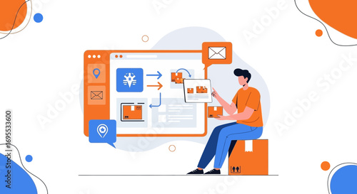 Digital Delivery and Logistics: Illustrative Graphic of a Man Managing Parcels Online