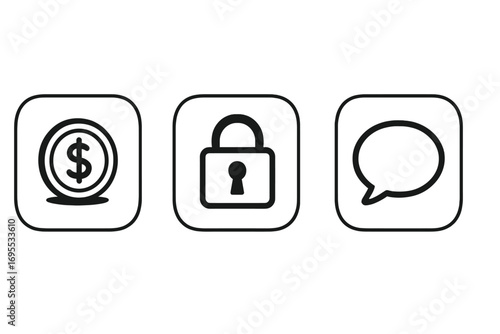 Set of mobile app icons for finance, security, and communication. Vector line art symbols for UI design. Minimalist pictogram collection with money, lock, and chat bubble.