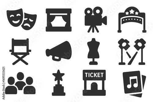 Theater and performance solid icons set. Cinema and show business symbols. Vector glyph collection for stage, drama, film, and entertainment concepts. Includes masks and award.