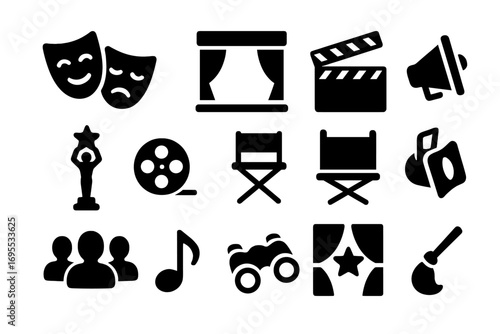Theater and cinema solid icons set. Performance, drama, and stage symbols. Film production, director, actor, and movie elements. Vector glyph collection for entertainment.