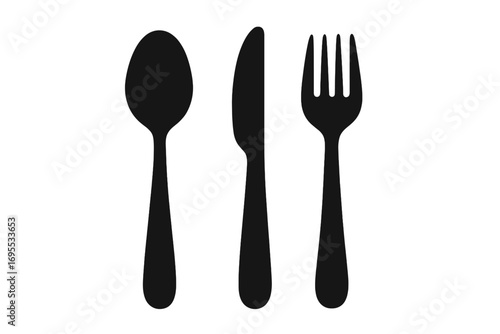 Vector silhouette set of tableware with spoon, knife, and fork icons. Black cutlery symbols, simple utensil shapes, kitchen tools, dining utensils isolated on transparent background, ordered set
