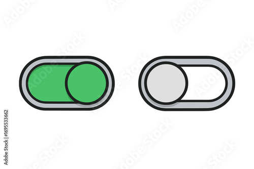 Toggle switch on and off button set. UI, UX web design element. Green active and grey inactive slider for app interface. Enable and disable options. Control panel concept vector.
