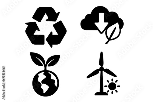 Sustainable eco icons set with recycling, carbon reduction, renewable energy, wind turbine, environmental protection symbols in simple silhouette style, vector illustration with transparent background