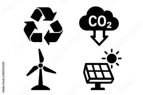 Sustainable eco icons recycling symbol, carbon dioxide reduction cloud, wind turbine renewable energy, solar panel with sun, green energy concepts silhouette vector illustration transparent background