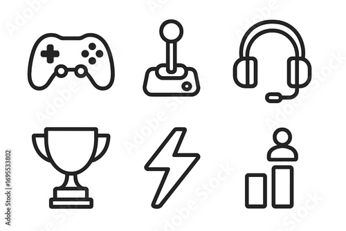 Minimalist gaming icons set with controller, joystick, headset, trophy, energy bolt, leaderboard symbols, vector cartoon illustration, transparent background, ordered collection