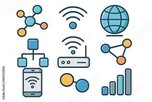 Technology icons network wifi connectivity symbols collection, digital connection, wireless signals, internet technology, network devices, data sharing, online communication, vector cartoon set