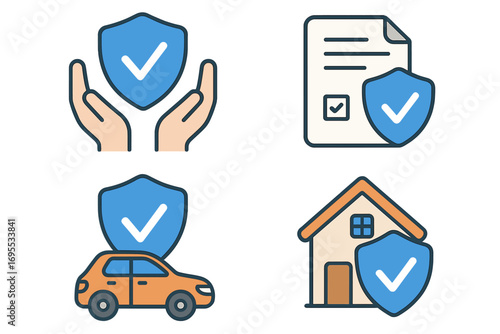 Insurance services icon set. Car, home, and life protection concept. Vector illustrations of auto security, property safety, and policy documents with a shield and check mark.