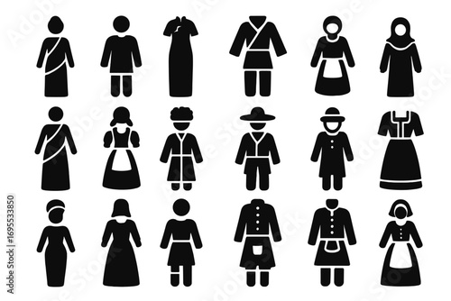 Traditional clothing silhouette icons set. Ethnic cultural apparel symbols. National folk costumes from around the world. Diverse global people vector pictogram glyph collection.