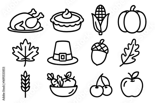 Thanksgiving feast outline icons turkey pie corn pumpkin autumn leaves pilgram hat acorn wheat vegetables cherries apple harvest celebration vector cartoon illustration set transparent background