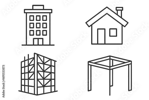 Building and construction icon set. Outline illustrations of house, apartment block, structural frame. Urban architecture and design concepts. Real estate vector symbols.