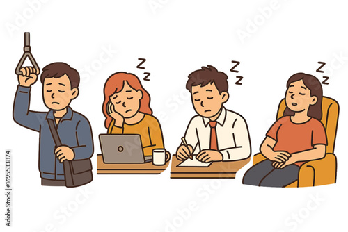 Set of tired sleepy people experiencing drowsiness and fatigue. Man on commute, woman at work office with laptop, another at desk, relaxing at home. Burnout concept vector.
