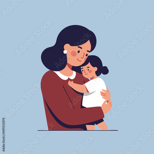 A mother lovingly embraces her young daughter, creating a heartwarming and tender moment of affection.