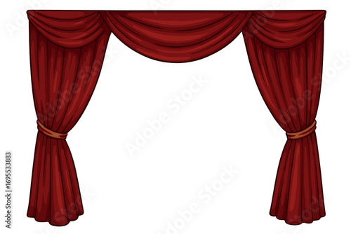 Red Theater Curtains Border with Draped Valance, Realistic Vector Cartoon Illustration, Classic Stage Curtain Design with Tiebacks, Transparent Background, Decorative Frame