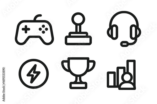 Minimalist gaming icons set with game controller, joystick, headset, trophy, energy symbol, and leaderboard chart. Vector outline design, modern digital entertainment concept