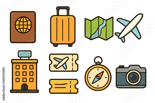 Travel icon set with passport, suitcase, map, airplane, hotel, ticket, compass, and camera. Cartoon style vector illustration of essential travel symbols for vacation and tourism design.