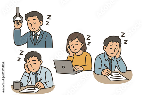 Set of tired people experiencing drowsiness and fatigue. Sleepy office worker at desk and man on train. Burnout, exhaustion, and stress concept. Vector cartoon illustration.