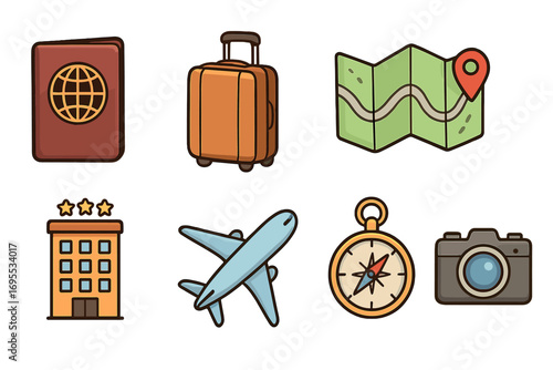 Travel icons set with passport, suitcase, map, airplane, hotel, ticket, compass, camera. Cartoon vector illustration collection for travel, tourism, vacation, adventure, and exploration concepts